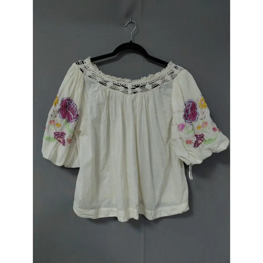 Free People White Peasant Embroidered Crochet 3/4 Puff Sleeve Women Size XS